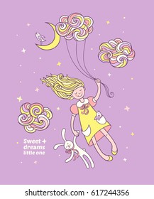 Sweet dreams little one. Cute little girl blonde with a bunny toy and small bird in the pocket fly with curly cloud in the night sky. Hand drawn illustration for kids good night card or poster.