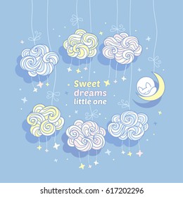 Sweet dreams little one. Funny little cat sleeps on the moon around curly clouds hanging on the ropes with bows on the night sky. Set of cute hand drawn elements for kids design on blue background.