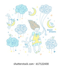 Sweet dreams little one. Pretty ginger hair girl with a bunny toy and small bird in the pocket fly with curly cloud in the night sky. Hand drawn set of characters and elements for kids design.