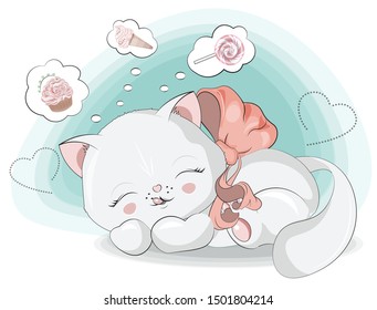 Sweet dreams little sweet teeth, a white kitten, cat girl, about ice cream, cupcake and lollipop. The picture in hand drawing style, can be used  for t-shirt print, wear fashion design, greeting card.