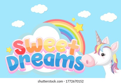 Sweet dreams logo in pastel color with unicorn illustration