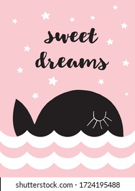 Sweet Dreams. Lovely Nursery Art with Black Whale Isolated on a Light Pink Background. Cute Whale Floating Among White Waves. Baby Girl's Room Decoration.Simple Infantile Style Vector Illustration.