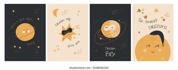 Sweet dreams. Moons and stars sleeping and dreaming characters - child Vector nursery illustrations. Printable wall art design for kids perfect for nursery decor
