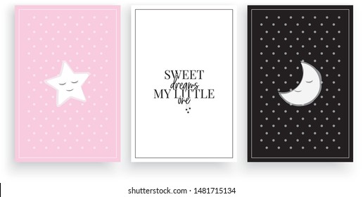 Sweet Dreams My Little One Vector, Three Pieces Poster Design, Illustration, Wording Design, Lettering, Star, Cute Moon Illustration, Childish Wall Decor, Kids Wall Decoration. Good Night Quotes