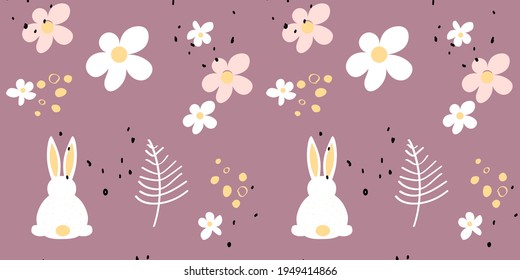 Sweet dreams. Nursery card and seamless vector pattern with cute hand drawn fluffy bunnies, rabbits and flowers. A fun print on a pink background perfect for fabric.