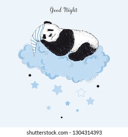 sweet dreams panda on cloud wearing sleeping hat illustration vector for nursery baby boy print design