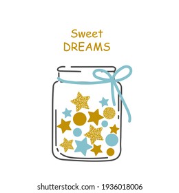 Sweet dreams postcard. Jar with stars. Magic poster with golden and birch stars. 
