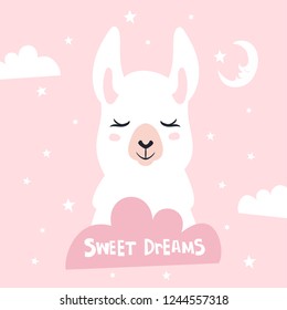 Sweet dreams quote with doodles. Cute cartoon llama vector design