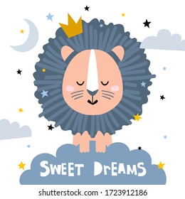 Sweet dreams quote with doodles. Cute cartoon lion vector design