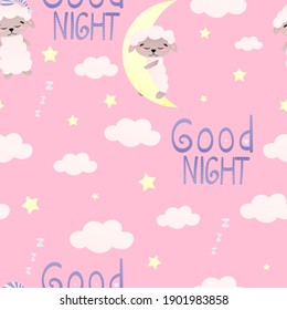 Sweet dreams seamless pattern for bedding on pink background with cute sheep slepping on moon, sugar clouds and stars around, good night letterig for wrapping paper or baby shower, childish style