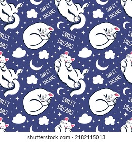 sweet dreams seamless pattern with cute sleeping cats. Night vector background for textiles, clothes, wrapping paper