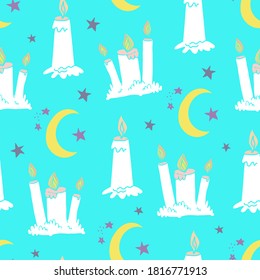 Sweet Dreams Seamless Pattern. Hand drawn doodle childrens background. Moon and Candles good night design. EPS 8