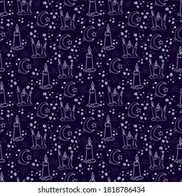 Sweet Dreams Seamless Pattern. Hand drawn doodle childrens background. Moon and Candles good night design. EPS 8