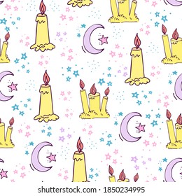 Sweet Dreams Seamless Pattern. Hand drawn doodle childrens background. Moon and Candles good night design. EPS 8