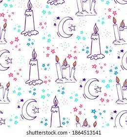 Sweet Dreams Seamless Pattern. Hand drawn doodle childrens background. Moon and Candles good night design. EPS 8