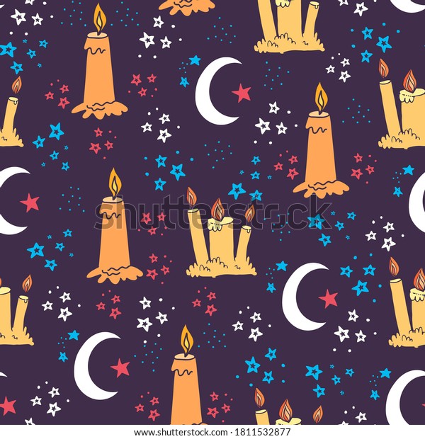 Sweet Dreams
Seamless Pattern. Hand drawn doodle childrens background. Moon and
Candles good night design. EPS
8