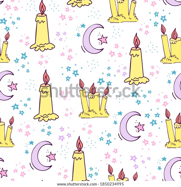 Sweet Dreams\
Seamless Pattern. Hand drawn doodle childrens background. Moon and\
Candles good night design. EPS\
8
