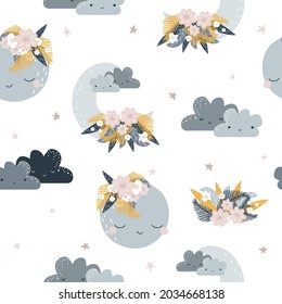 Dulces sueños sin fisuras con luna y flores. Ilustración dibujada a mano por vectores.