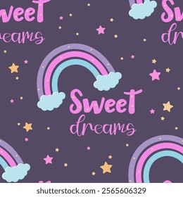 Sweet dreams seamless pattern with rainbows and stars. Cute children vector print.