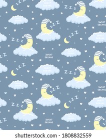 Sweet dreams seamless pattern. Sleeping moon on night sky