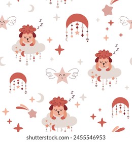 Sweet dreams seamless pattern with sleeping sheep on cloud, boho moon and stars. Good night pattern for kids. Celestial hand drawn vector design