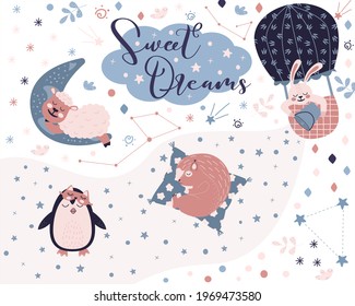 Sweet Dreams set with cute sheep on the moon, spuirrel on a pillow, penguin in sleep mask and bunny on tne balloon. Animals on the starry fantatic sky. Vector flat good nignt concept