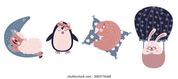 Sweet Dreams set with cute sheep on the moon, spuirrel on a pillow, penguin in sleep mask and bunny on tne balloon. Vector flat good nignt concepts, isolated on a white background.