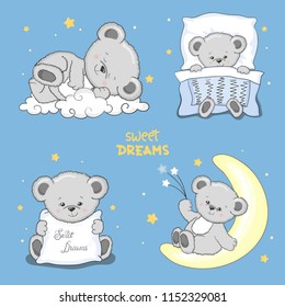Sweet dreams set with cute sleeping Teddy Bears. Vector illustration for kids.