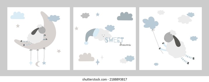 Sweet dreams sheep sleeping on moon vector illustration with clouds for kids postcards and decoration. Happy napping lamb cartoon drawings