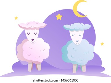 sweet dreams sheep vector illustration. Cute sleeping sheep vector illustration. Poster about sleep, dream or relax. Icon of two cute sheep. Concept of trying to sleep, counting the sheep.