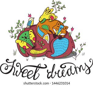 Sweet Dreams. Sleeping animals. Cute vector illustraton with hand drawn inscription. Suitable for print design. 