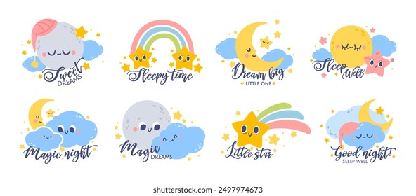 Dulces sueños. Niños durmientes que escriben frases y citas a la hora de acostarse. Linda luna, nube, pequeña estrella, arco iris. Elementos infantiles de buenas noches para póster, tarjetas, diseño de niños para decoración de la guardería. Conjunto de Vector.