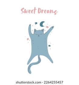 Sweet Dreams, sleepy kitty, cute naive cartoon cat illustration, for prints, for t-shirt print, infant art, isolated on white background