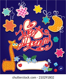 Sweet dreams - stars and new moon are made of fabric and hanging on ribbons - childish background