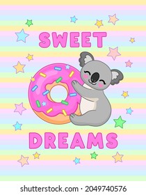 Dulce texto de sueños. Oso australiano de koala con donut rosado. Ilustración del vector