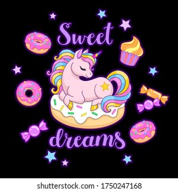 Sweet dreams text. Little pink unicorn sitting on donut on black background. Vector illustration