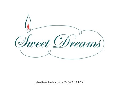 sweet dreams. text logo with candlelight in the cloud. elegant cursive. vector illustration. conceptual design element for blog, article. vintage image. decorative art. teal blue and red colors