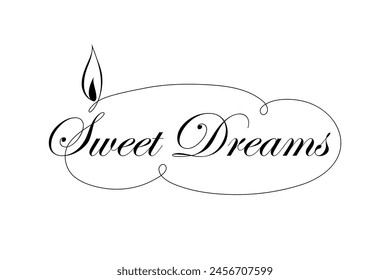 sweet dreams. text logo with the fire symbol in cloud frame. elegant cursive. vector template. conceptual design element for blog, article. vintage image. decorative art. black and white illustration 