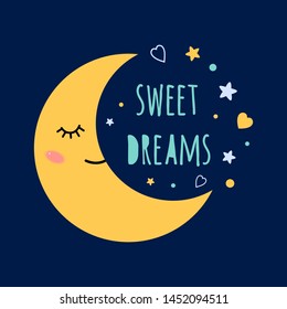Sweet dreams text on darkness background Sleep moon with eyes on the sky around the stars Print Cute card banner logo