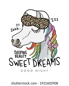 Sweet dreams text and unicorn with sleeping mask vector illustration design for fashion graphics, t shirt prints, posters, stickers etc