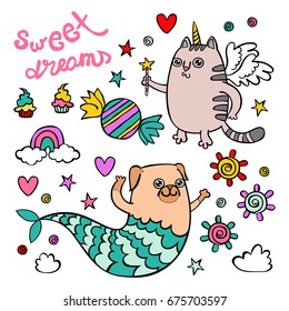 Sweet Dreams. Unicorn cat. Pug-mermaid. Sweets and a rainbow. Isolated vector objects on white background.