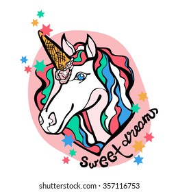 Sweet Dreams. Unicorn and ice cream. White Horse. Sprockets. Isolated object on white background.
