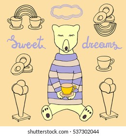 Sweet dreams vector hand drawn illustration. Sleeping bear. 