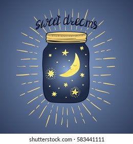 Sweet dreams vector illustration. Hand drawn jar with sleeping smiling moon and stars. 