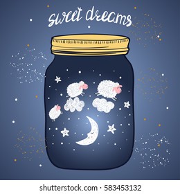 Sweet dreams vector illustration. Hand drawn jar with sleeping smiling moon and cute sheep. 