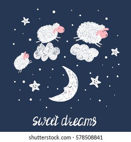 Sweet dreams vector illustration for kids. Cute sheep, stars and moon. 