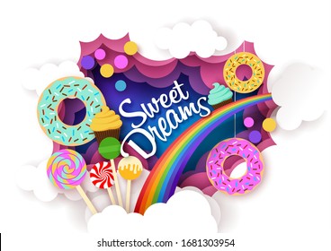 Süße Träume, Vektorillustration-Illustration in Papierkunst-Stil. Köstliche Glasten, leckere Lollipops, Cupcakes und Regenbogen. Helles und leckeres Gebäck, Süßigkeiten, Desserts.