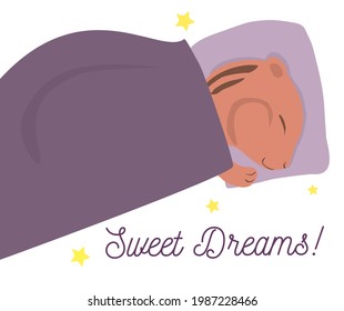 Sweet dreams vectpor poster. Chipmunk under blanket for nursery, childish clothes, etc