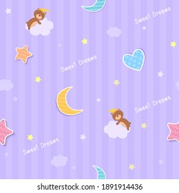 Sweet dreams wallpaper seamless pattern design with teddy bear on purple background