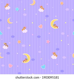 Sweet dreams wallpaper seamless pattern design with teddy bear on purple background
